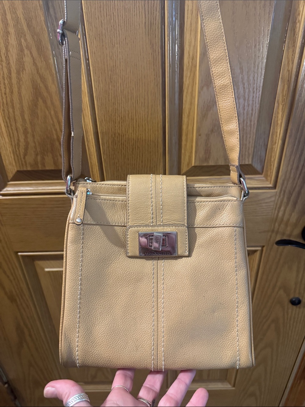 Tignanello Beige Leather Crossbody Bag with Silver Tone Hardware